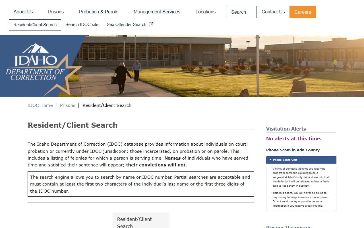Clearwater County inmate population IDOC resident client search