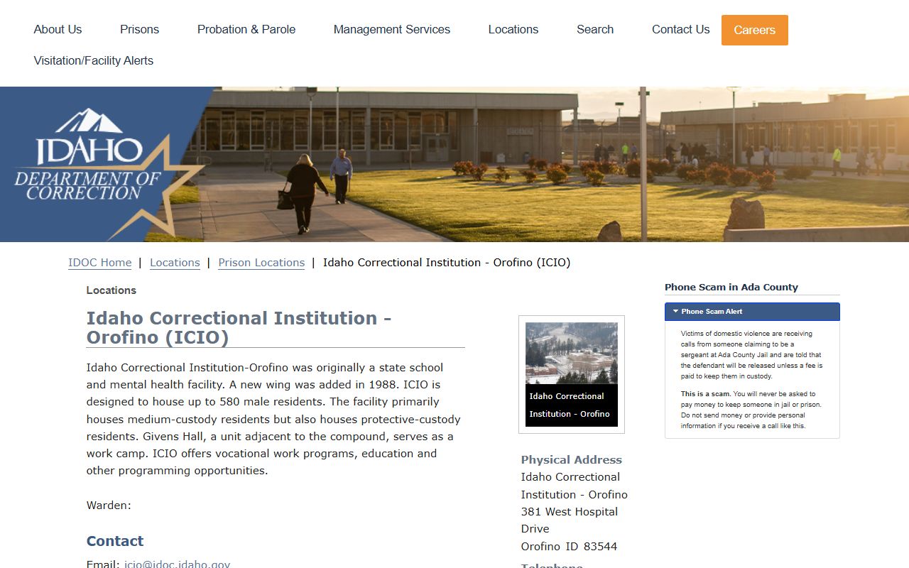 Idaho Correctional Institution - Orofino IDOC inmate facility page