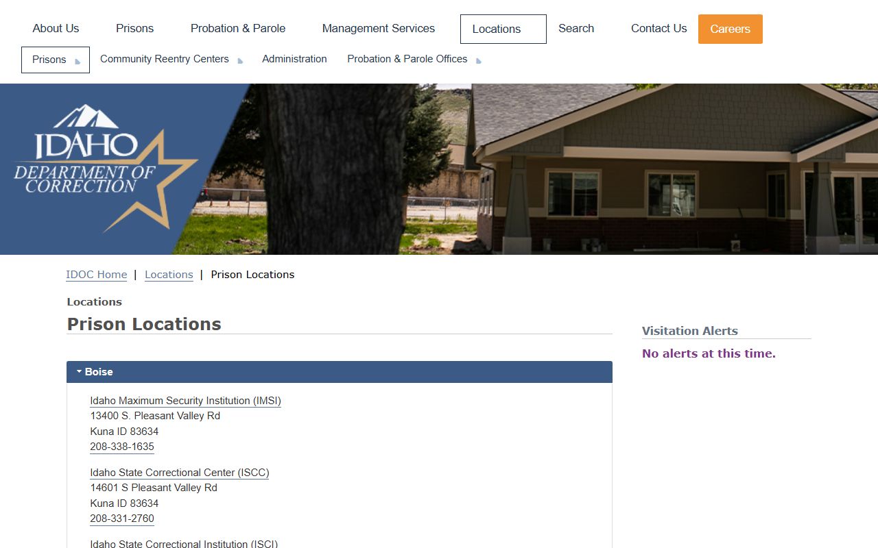IDOC prison locations list showing Idaho Correctional Institution - Orofino inmate facility