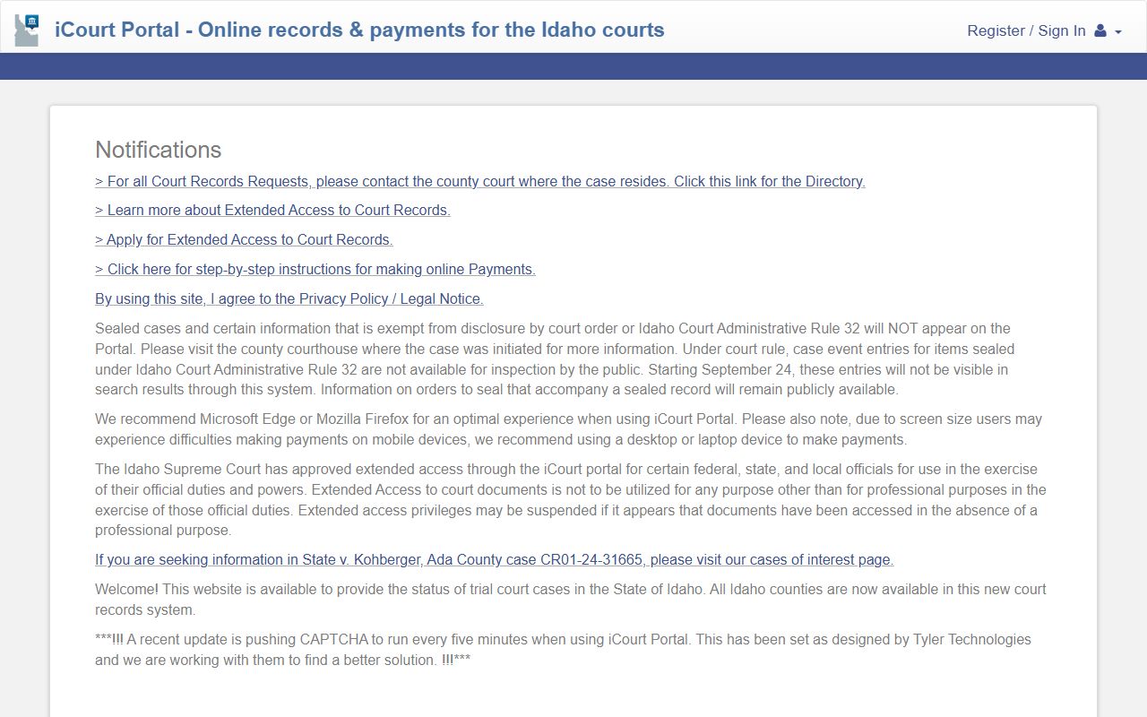 Clearwater County court records after jail arrest Idaho iCourt portal